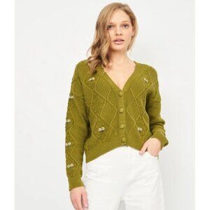 Stradivarius Cropped Cardigan Womens XS Green Floral Cable Knit 3D Green Knit